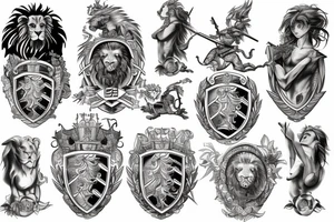 Shoulder and arm manga-style tattoo design of Britannia with lion, shield, and trident tattoo idea