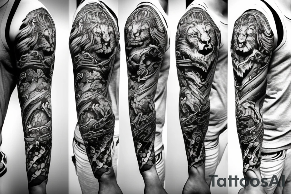 Shoulder and arm manga-style tattoo design of Britannia with lion, shield, and trident tattoo idea
