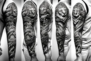 Shoulder and arm manga-style tattoo design of Britannia with lion, shield, and trident tattoo idea