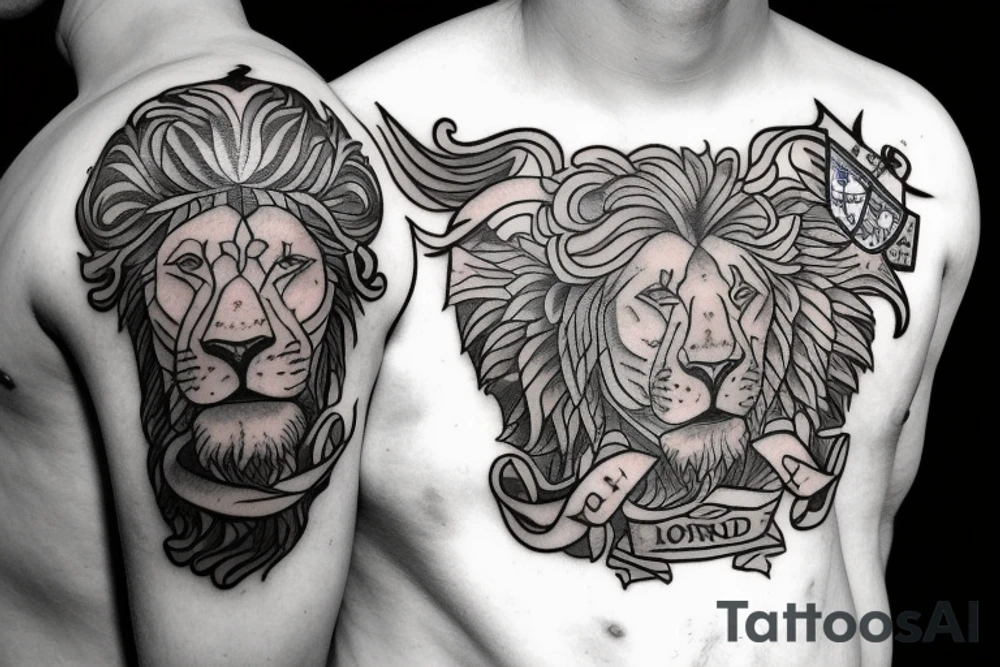 Shoulder and arm of Britannia with lion, shield, and trident tattoo idea