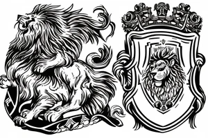 Shoulder and arm of Britannia with lion, shield, and trident tattoo idea