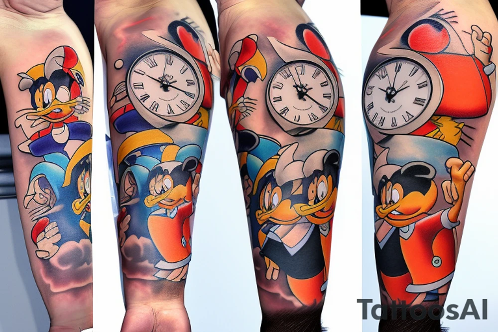 Tom and Jerry, Donald Duck clock and smoke tattoo sleeve tattoo idea