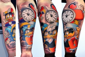 Tom and Jerry, Donald Duck clock and smoke tattoo sleeve tattoo idea