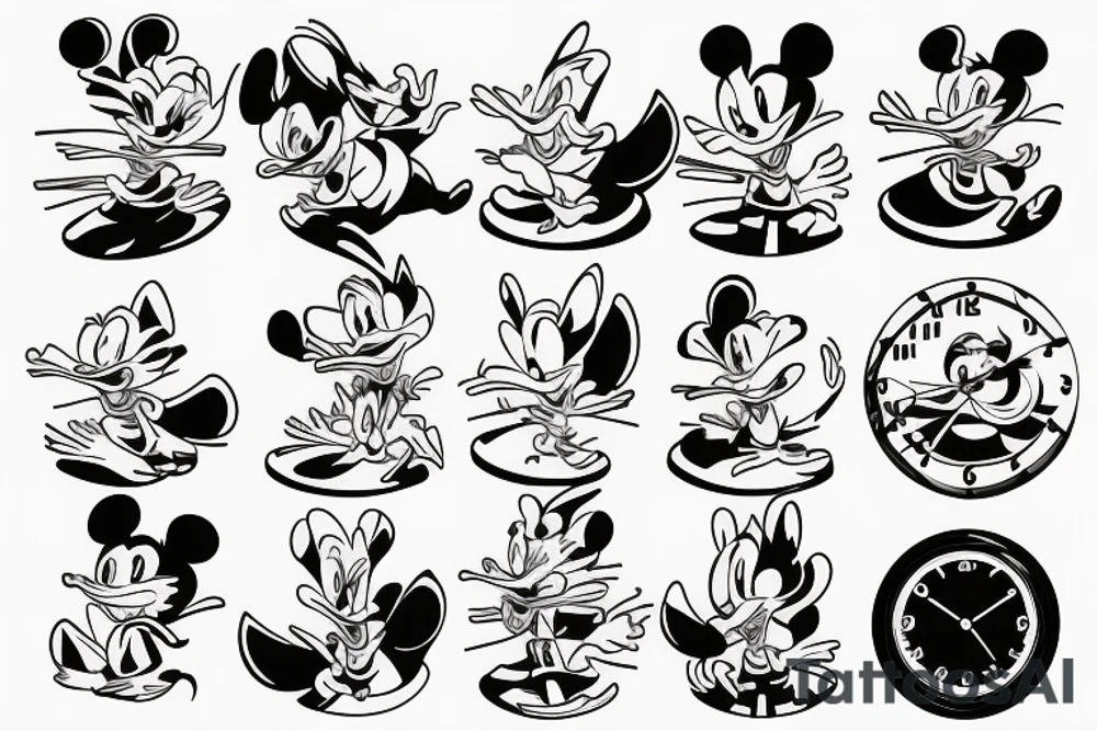 Tom and Jerry, Donald Duck clock and smoke tattoo sleeve tattoo idea
