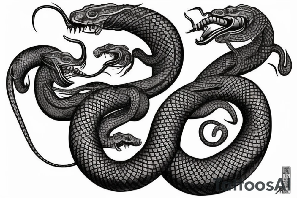 Snake tattoo wrapped around forearm and upper arm. King cobra facing upwards mouth open, menacing. Looks like it will eat arm. Polynesian, Chinese, Japanese style tattoo idea