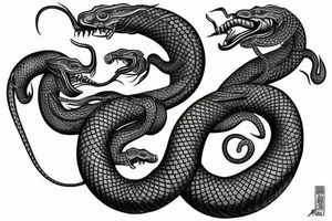 Snake tattoo wrapped around forearm and upper arm. King cobra facing upwards mouth open, menacing. Looks like it will eat arm. Polynesian, Chinese, Japanese style tattoo idea