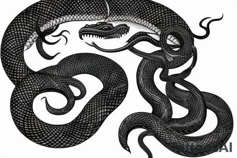 Snake tattoo wrapped around forearm and upper arm. King cobra facing upwards mouth open, menacing. Looks like it will eat arm. Polynesian, Chinese, Japanese style tattoo idea