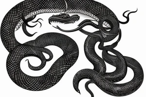 Snake tattoo wrapped around forearm and upper arm. King cobra facing upwards mouth open, menacing. Looks like it will eat arm. Polynesian, Chinese, Japanese style tattoo idea
