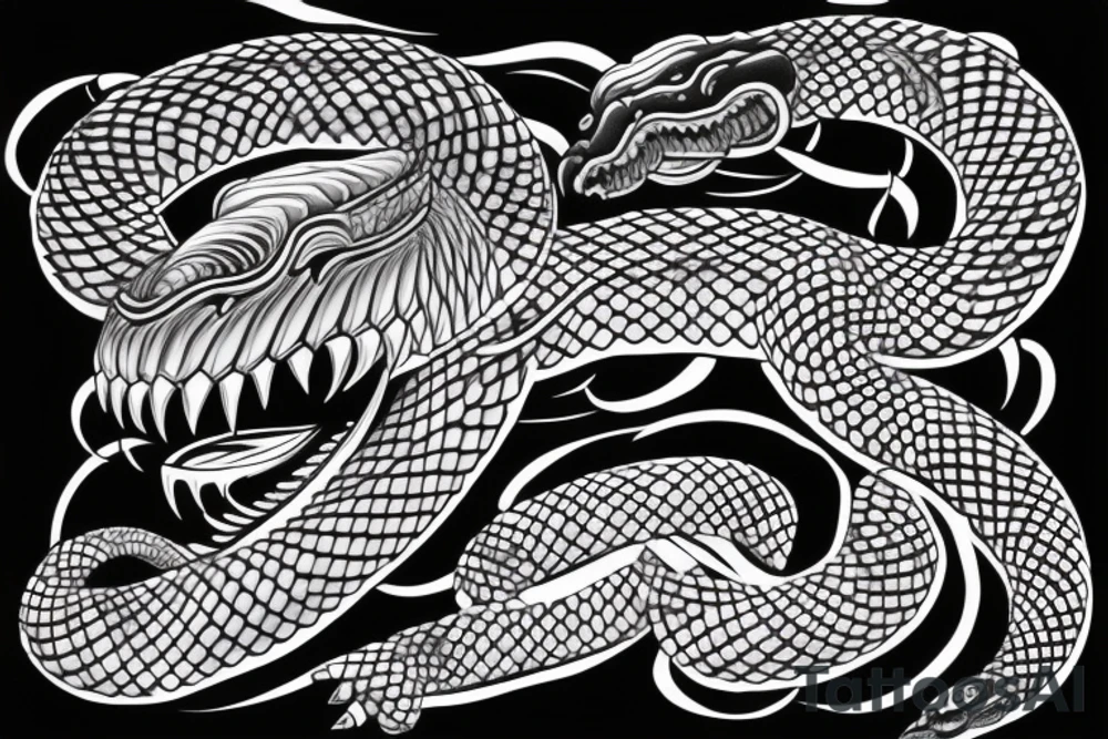 Snake tattoo wrapped around forearm and upper arm. King cobra facing upwards mouth open, menacing. Looks like it will eat arm. Polynesian, Chinese, Japanese style tattoo idea