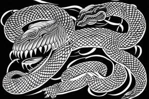 Snake tattoo wrapped around forearm and upper arm. King cobra facing upwards mouth open, menacing. Looks like it will eat arm. Polynesian, Chinese, Japanese style tattoo idea