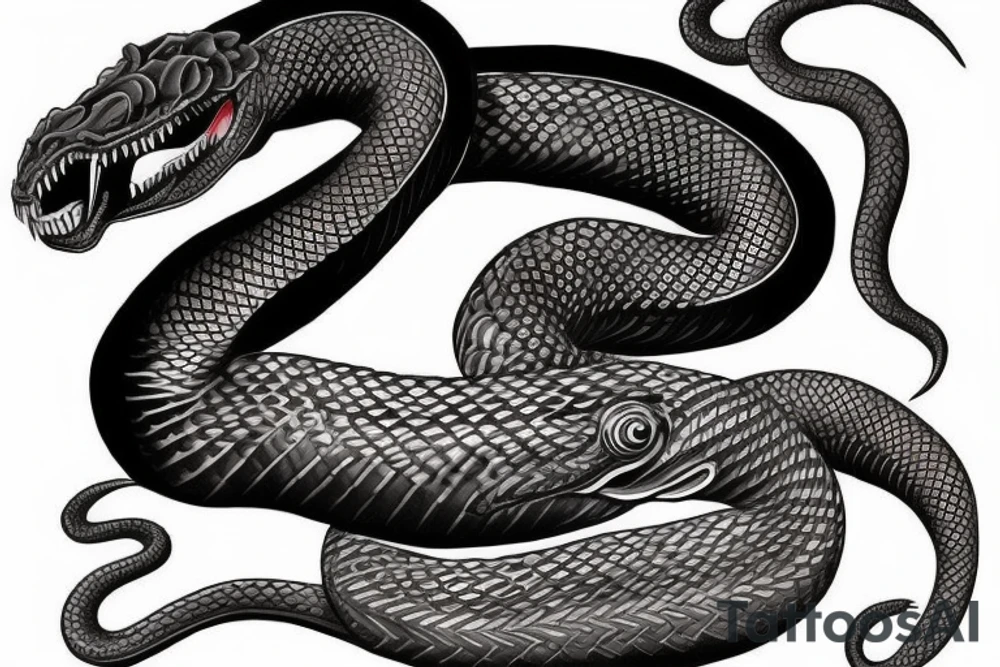 Snake tattoo wrapped around forearm and upper arm. King cobra facing upwards mouth open, menacing. Looks like it will eat arm. Polynesian, Chinese, Japanese style tattoo idea