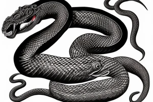 Snake tattoo wrapped around forearm and upper arm. King cobra facing upwards mouth open, menacing. Looks like it will eat arm. Polynesian, Chinese, Japanese style tattoo idea