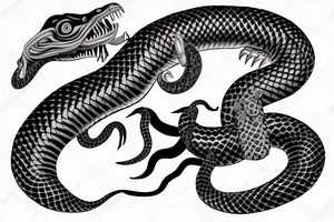 Snake tattoo wrapped around forearm and upper arm. King cobra facing upwards mouth open, menacing. About to feed. Carnivorous. Looks like it will eat arm. Polynesian, Chinese, Japanese style tattoo idea