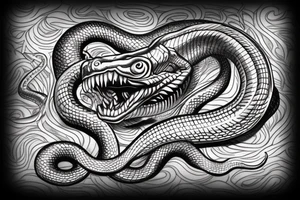 Snake tattoo wrapped around forearm and upper arm. King cobra facing upwards mouth open, menacing. About to feed. Carnivorous. Looks like it will eat arm. Polynesian, Chinese, Japanese style tattoo idea