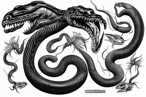 Snake tattoo wrapped around forearm and upper arm. King cobra facing upwards mouth open, menacing. About to feed. Carnivorous. Looks like it will eat arm. Polynesian, Chinese, Japanese style tattoo idea