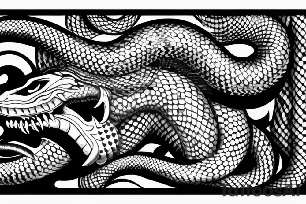 Snake tattoo wrapped around forearm and upper arm. King cobra facing upwards mouth open, menacing. About to feed. Carnivorous. Looks like it will eat arm. Polynesian, Chinese, Japanese style tattoo idea