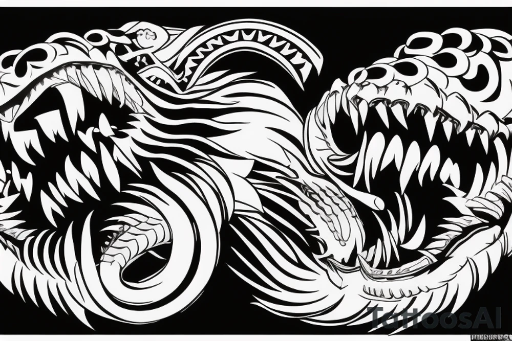 King cobra arm sleeve mouth facing upwards wide open, about to eat. Menacing fangs. Polynesian, Japanese, Chinese style tattoo idea