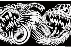 King cobra arm sleeve mouth facing upwards wide open, about to eat. Menacing fangs. Polynesian, Japanese, Chinese style tattoo idea