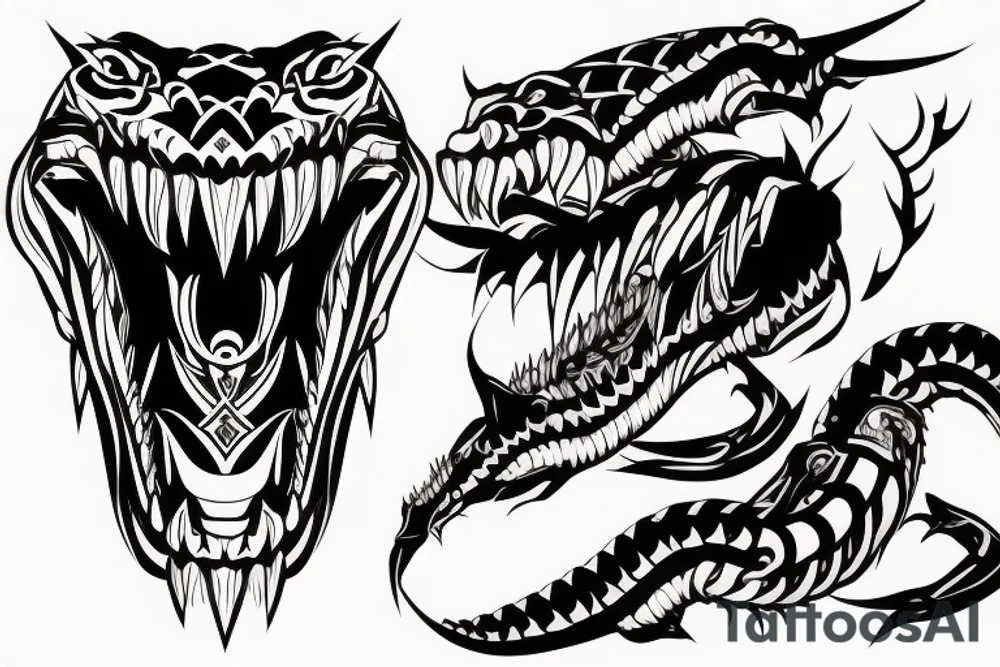 King cobra arm sleeve mouth facing upwards wide open, about to eat. Menacing fangs. Polynesian, Japanese, Chinese style tattoo idea
