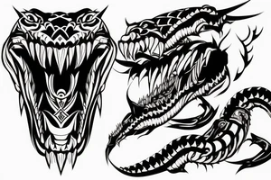 King cobra arm sleeve mouth facing upwards wide open, about to eat. Menacing fangs. Polynesian, Japanese, Chinese style tattoo idea