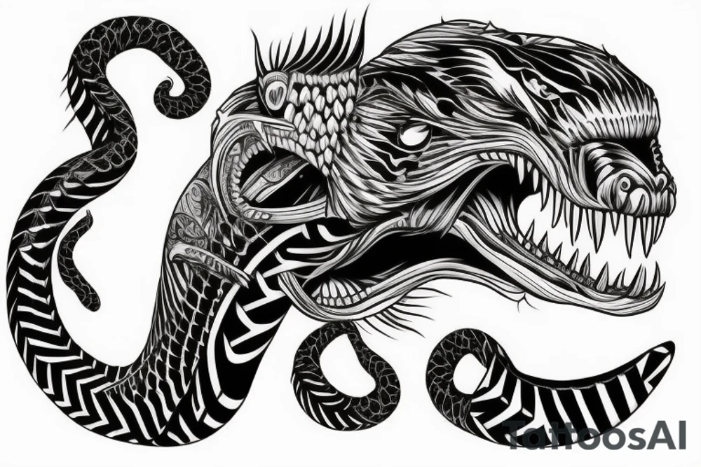 King cobra arm sleeve mouth facing upwards wide open, about to eat. Menacing fangs. Polynesian, Japanese, Chinese style scary tattoo idea