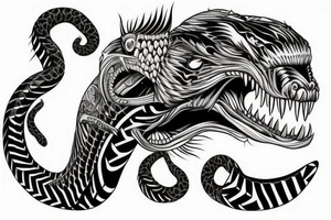 King cobra arm sleeve mouth facing upwards wide open, about to eat. Menacing fangs. Polynesian, Japanese, Chinese style scary tattoo idea
