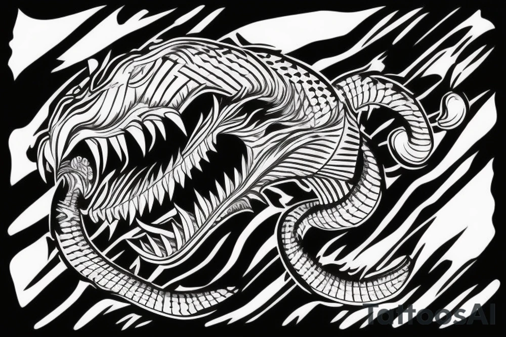 King cobra arm sleeve mouth facing upwards wide open, about to eat. Menacing fangs. Polynesian, Japanese, Chinese style scary tattoo idea