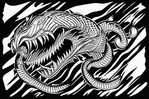 King cobra arm sleeve mouth facing upwards wide open, about to eat. Menacing fangs. Polynesian, Japanese, Chinese style scary tattoo idea