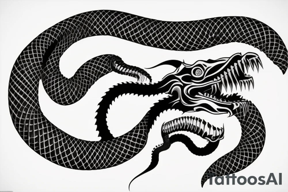 King cobra arm sleeve mouth facing upwards wide open, about to eat. Menacing fangs. Polynesian, Japanese, Chinese style scary vertical tattoo idea