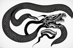 King cobra arm sleeve mouth facing upwards wide open, about to eat. Menacing fangs. Polynesian, Japanese, Chinese style scary vertical tattoo idea