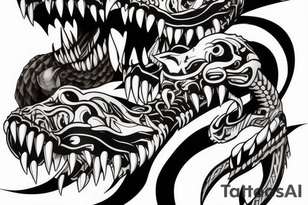 King cobra arm sleeve mouth facing upwards wide open, about to eat. Menacing fangs. Polynesian, Japanese, Chinese style scary vertical tattoo idea