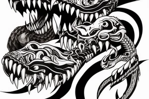 King cobra arm sleeve mouth facing upwards wide open, about to eat. Menacing fangs. Polynesian, Japanese, Chinese style scary vertical tattoo idea