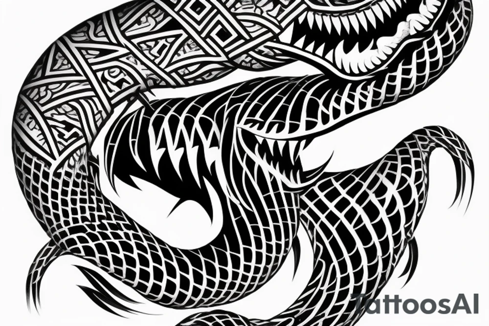 King cobra arm sleeve mouth facing upwards wide open, about to eat. Menacing fangs. Polynesian, Japanese, Chinese style, vertical tattoo idea
