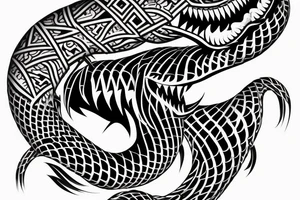 King cobra arm sleeve mouth facing upwards wide open, about to eat. Menacing fangs. Polynesian, Japanese, Chinese style, vertical tattoo idea