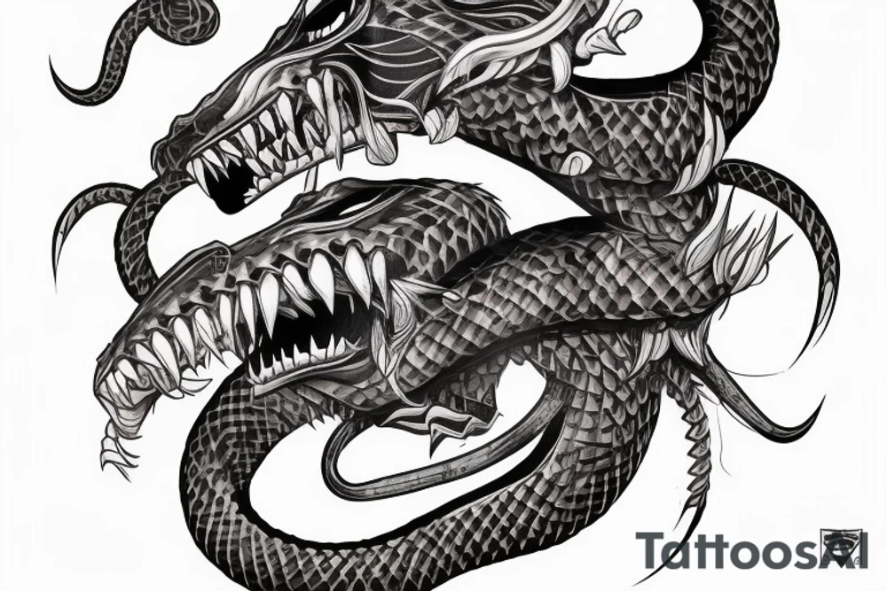 King cobra arm sleeve mouth facing upwards wide open, about to eat. Menacing fangs. Polynesian, Japanese, Chinese style, vertical tattoo idea