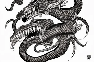 King cobra arm sleeve mouth facing upwards wide open, about to eat. Menacing fangs. Polynesian, Japanese, Chinese style, vertical tattoo idea