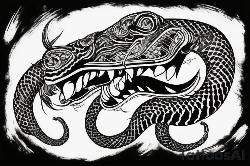King cobra arm sleeve mouth facing upwards wide open, about to eat. Menacing fangs. Polynesian, Japanese, Chinese style, vertical tattoo idea