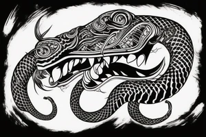 King cobra arm sleeve mouth facing upwards wide open, about to eat. Menacing fangs. Polynesian, Japanese, Chinese style, vertical tattoo idea