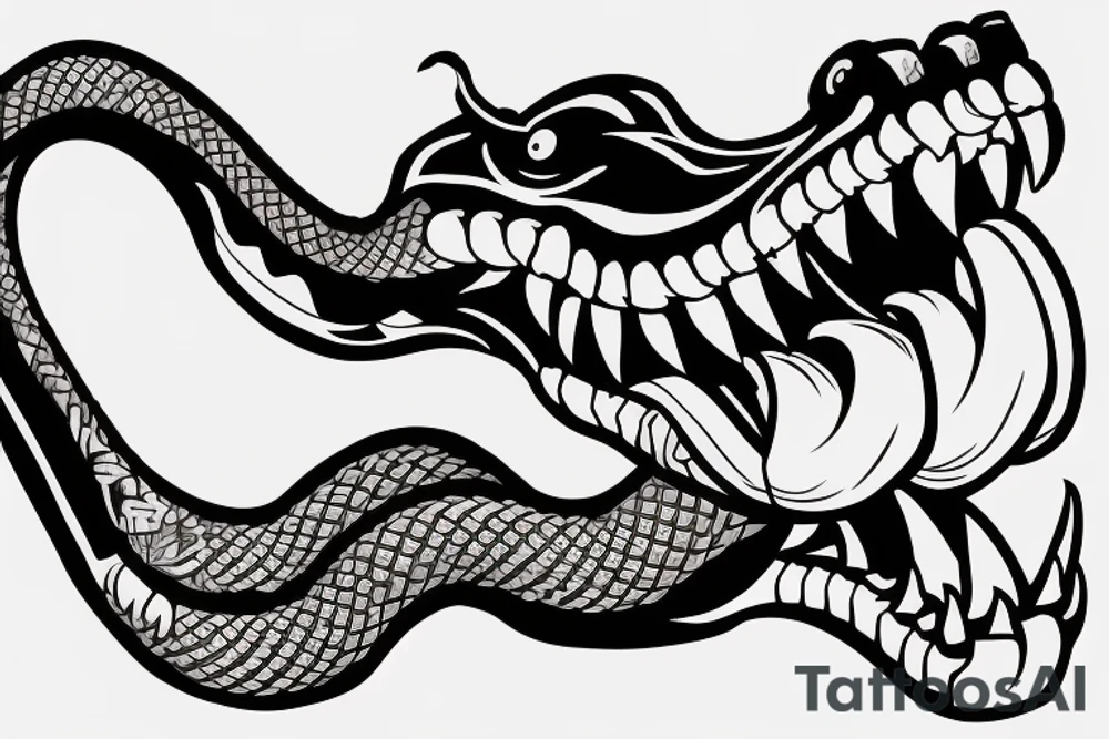 King cobra arm sleeve mouth facing upwards wide open, about to eat. Menacing fangs. Polynesian, Japanese, Chinese style, vertical tattoo idea