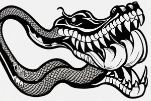 King cobra arm sleeve mouth facing upwards wide open, about to eat. Menacing fangs. Polynesian, Japanese, Chinese style, vertical tattoo idea