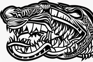 King cobra arm sleeve mouth facing upwards wide open, about to eat. Menacing fangs. Polynesian, Japanese, Chinese style, vertical tattoo idea