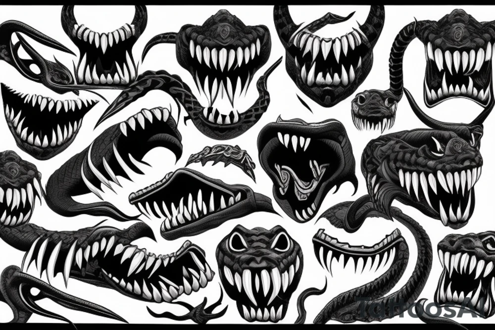 Viper head coiling arm sleeve. Menacing very wide open mouth with big fangs tattoo idea