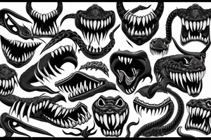 Viper head coiling arm sleeve. Menacing very wide open mouth with big fangs tattoo idea