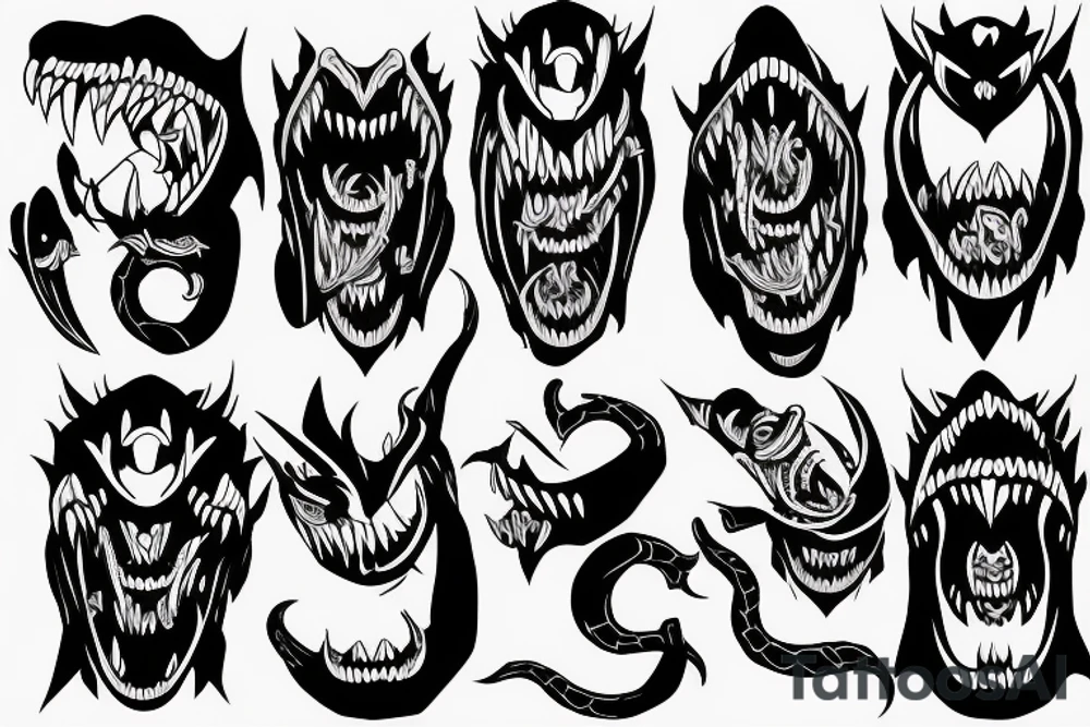 Viper head coiling arm sleeve. Menacing very wide open mouth with big fangs tattoo idea