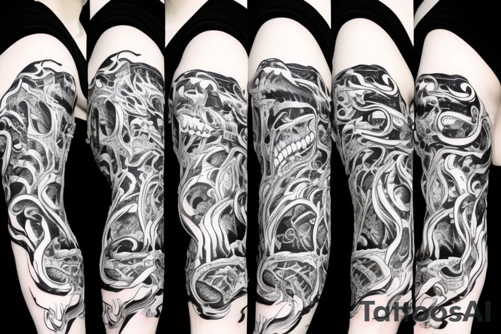 Viper head coiling arm sleeve. Menacing very wide open mouth with big fangs tattoo idea