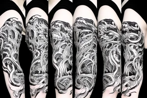 Viper head coiling arm sleeve. Menacing very wide open mouth with big fangs tattoo idea