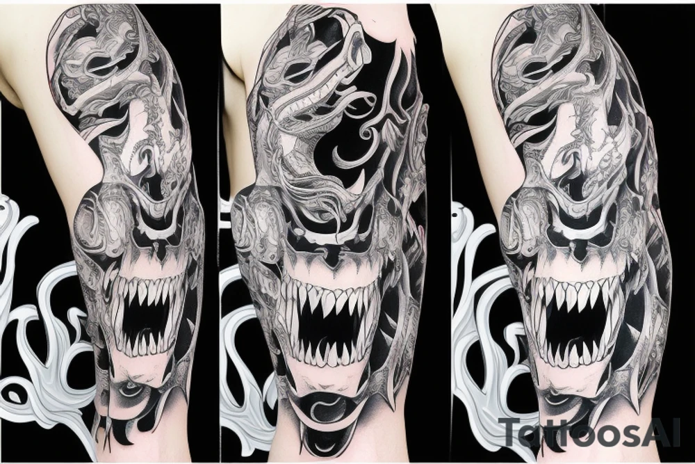 Viper head coiling arm sleeve. Menacing very wide open mouth with big fangs tattoo idea