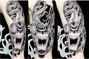 Viper head coiling arm sleeve. Menacing very wide open mouth with big fangs tattoo idea