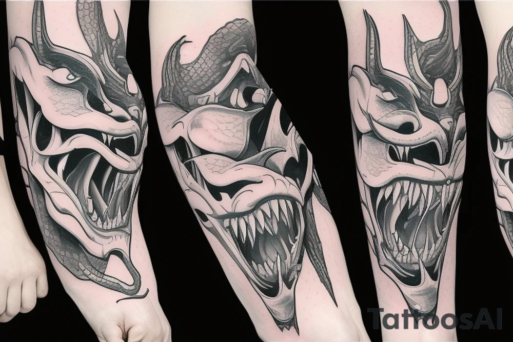 Viper head coiling arm sleeve. Menacing very wide open mouth with big fangs tattoo idea