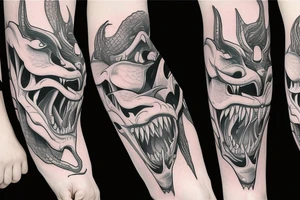 Viper head coiling arm sleeve. Menacing very wide open mouth with big fangs tattoo idea